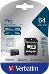 Verbatim Pro Memóriakártya, microSDXC, 64GB, CL10/U3, 90/45 MB/s, adapter