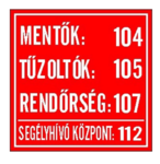 Információs matrica , piros, 100x100 mm Mentők:110; Tűzoltók:105; Rendőrség:107
