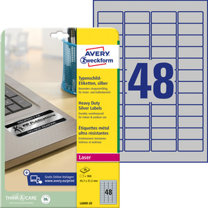 Avery L6009-20 Speciális etikett ipari ezüst poliészter, 45,7x21,2mm, 960db/20lap/csom