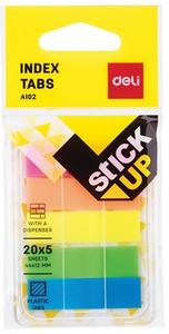 Jel&ouml;lőc&iacute;mke, műanyag, 5x20 lap, 44x12 mm, DELI Stick UP, neon sz&iacute;nek, műanyag adagol&oacute;ban