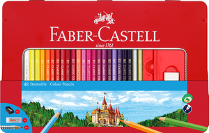 Faber-Castell Színes ceruza-készlet 48db-os hatszögletű kastélyos + kiegészítők fém dobozban (48db alap szín +2db Grip grafitceruza +1db hegyező +1db radír)