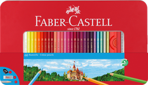 Faber-Castell Színes ceruza-készlet 60db-os hatszögletű kastélyos + kiegészítők fém dobozban (60db alap szín +2db Grip grafitceruza +1db hegyező +1db radír)