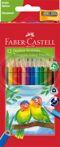 Faber-Castell Sz&iacute;nesceruza-k&eacute;szlet 12db-os h&aacute;romsz&ouml;gletű Junior papag&aacute;j + hegyező