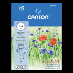 Akvarellblokk, finoman texturált, 10 lap, A4, 250g, CANSON STUDENT, ragasztott