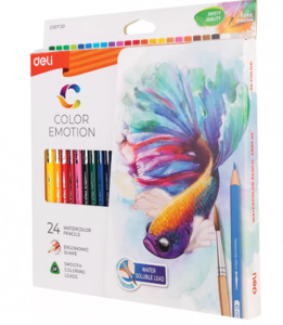 Akvarellceruza készlet, papírdobozban, DELI COLOR EMOTION, 24 különböző szín