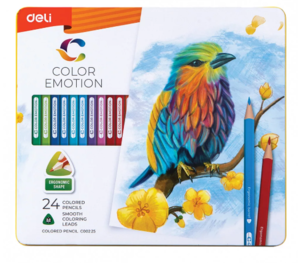 Színesceruza készlet, háromszögletű, fémdobozos, DELI COLOR EMOTION, 24 különböző szín
