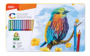 Színesceruza készlet, háromszögletű, fémdobozos, DELI COLOR EMOTION, 36 különböző szín
