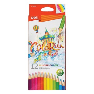 Színesceruza készlet, háromszögletű, DELI ColoRun FLUORE, 12 különböző szín
