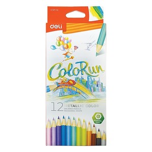 Színesceruza készlet, háromszögletű, DELI ColoRun METALLIC, 12 különböző szín