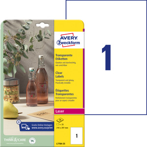 Avery víztiszta átlátszó etikett 210 x 297  mm 25 ív/csomag