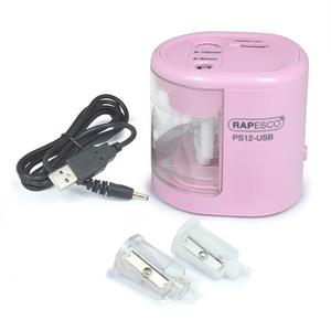 Hegyező, kétlyukú, asztali, elemes, USB töltővel, RAPESCO PS12-USB, világos rózsaszín