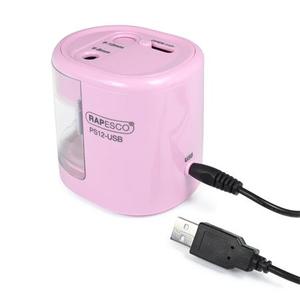 Hegyező, kétlyukú, asztali, elemes, USB töltővel, RAPESCO PS12-USB, világos rózsaszín