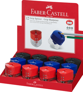 Faber-Castell Hegyező  dupla tartályos GRIP átlátszó test vegyes színben (piros,kék,fekete), (standard és Jumbo ceruzához)