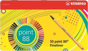 Tűfilc készlet Stabilo Point 88, 0,4 mm, fém doboz, 47+3 db