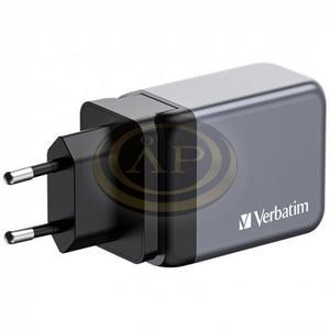 H&aacute;l&oacute;zati t&ouml;ltő, 2xUSB-C PD (65W), USB-A QC 3.0, EU/UK/US, GaN, VERBATIM