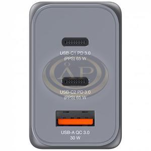 H&aacute;l&oacute;zati t&ouml;ltő, 2xUSB-C PD (65W), USB-A QC 3.0, EU/UK/US, GaN, VERBATIM