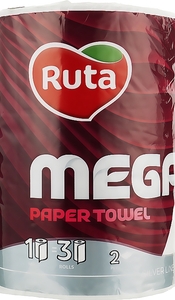 Ruta Mega tekercses háztartási kéztörlő, 15,5 cm átmérő, 2 rétegű, 100% tiszta cellulóz alapú papírbó, 30fm / tekl