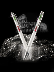 Golyóstoll Crystals from SWAROVSKI, krémfehér, ITALY, felül zöld-fehér-piros kristályokkal töltve TOUCH 14cm