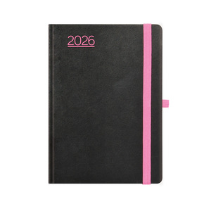 Agenda A5 napi Top Timer Nero fekete borító, pink gumiszalag, fehér lap 2026.év