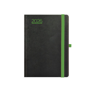 Agenda A5 heti Top Timer Nero fekete borító, zöld gumiszalag, fehér lap 2026.év