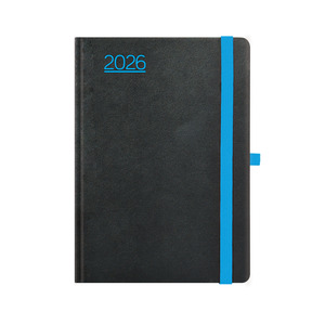 Agenda A5 napi Top Timer Nero fekete borító, kék gumiszalag, fehér lap 2026.év