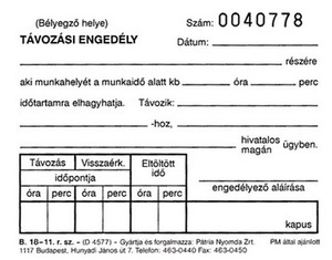 Távozási engedély 50x2lap B.18-11.r.sz