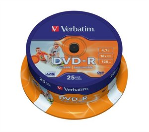 Verbatim DVD-R 4,7 GB 16x, hengeren, szélesen nyomtatható, matt, ID 25db/CSM