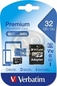 Mem&oacute;riak&aacute;rtya, microSDHC, 32GB, CL10/U1, 90/10 MB/s, adapter, VERBATIM Premium